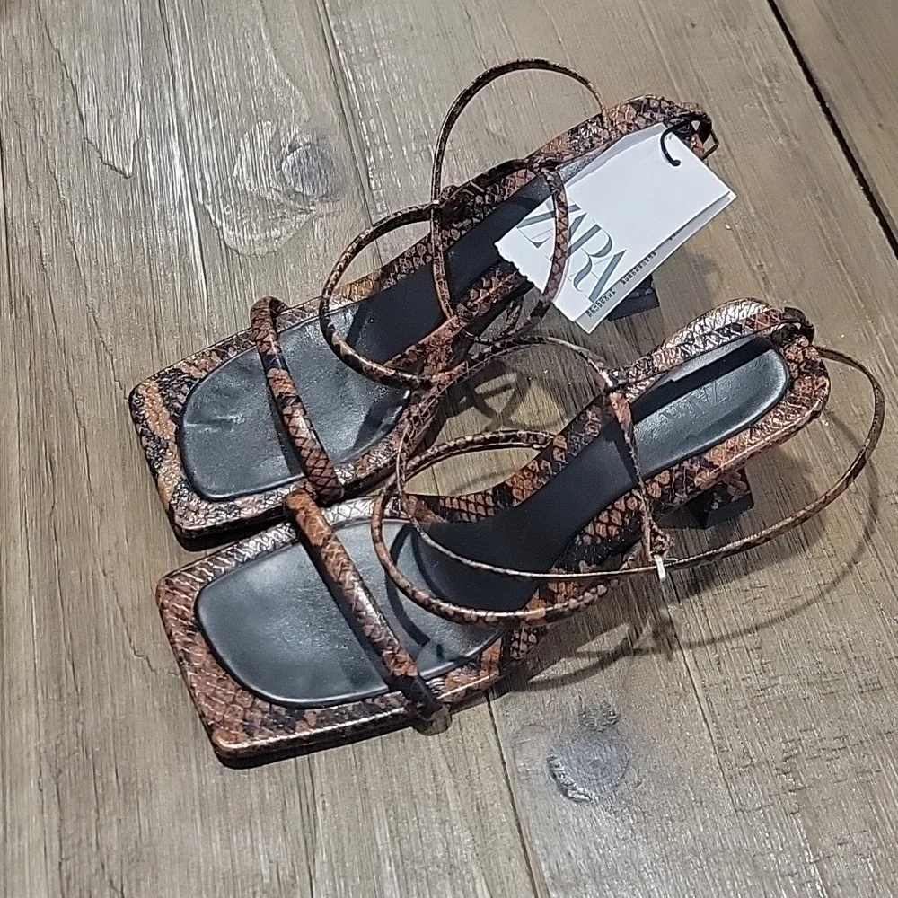 Zara Snake Print Double Strap Leather Sandal Heels - Picture 5 of 8